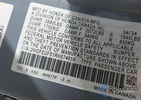 2024 Honda Civic Sport z USA, uszkodzony, nr VIN 2HGFE2F51RH574658